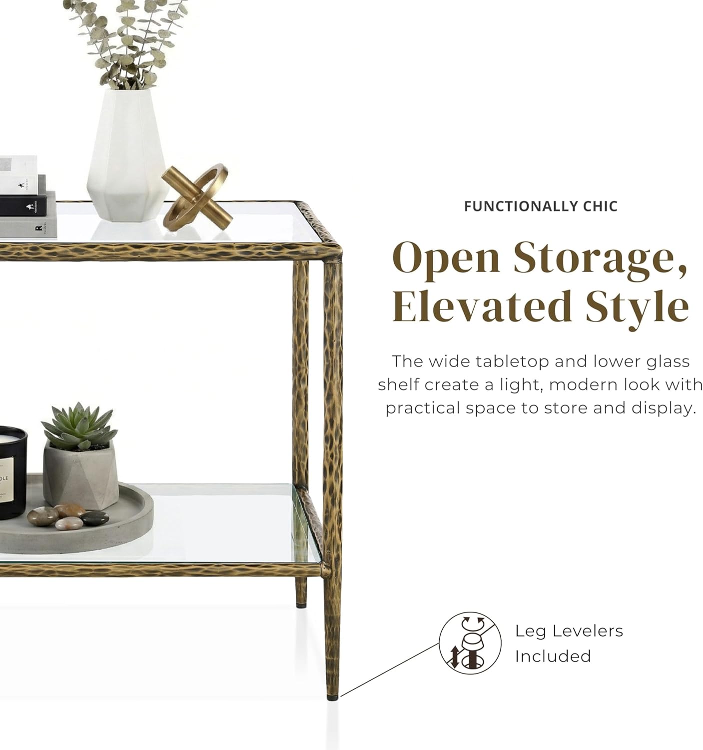 24/7 Shop at Home Lalia Modern 2-Piece End Table Set, Accent Tables with Tempered Glass Top and Shelf, Hammered Steel Frame for Living Room, Matte Gold