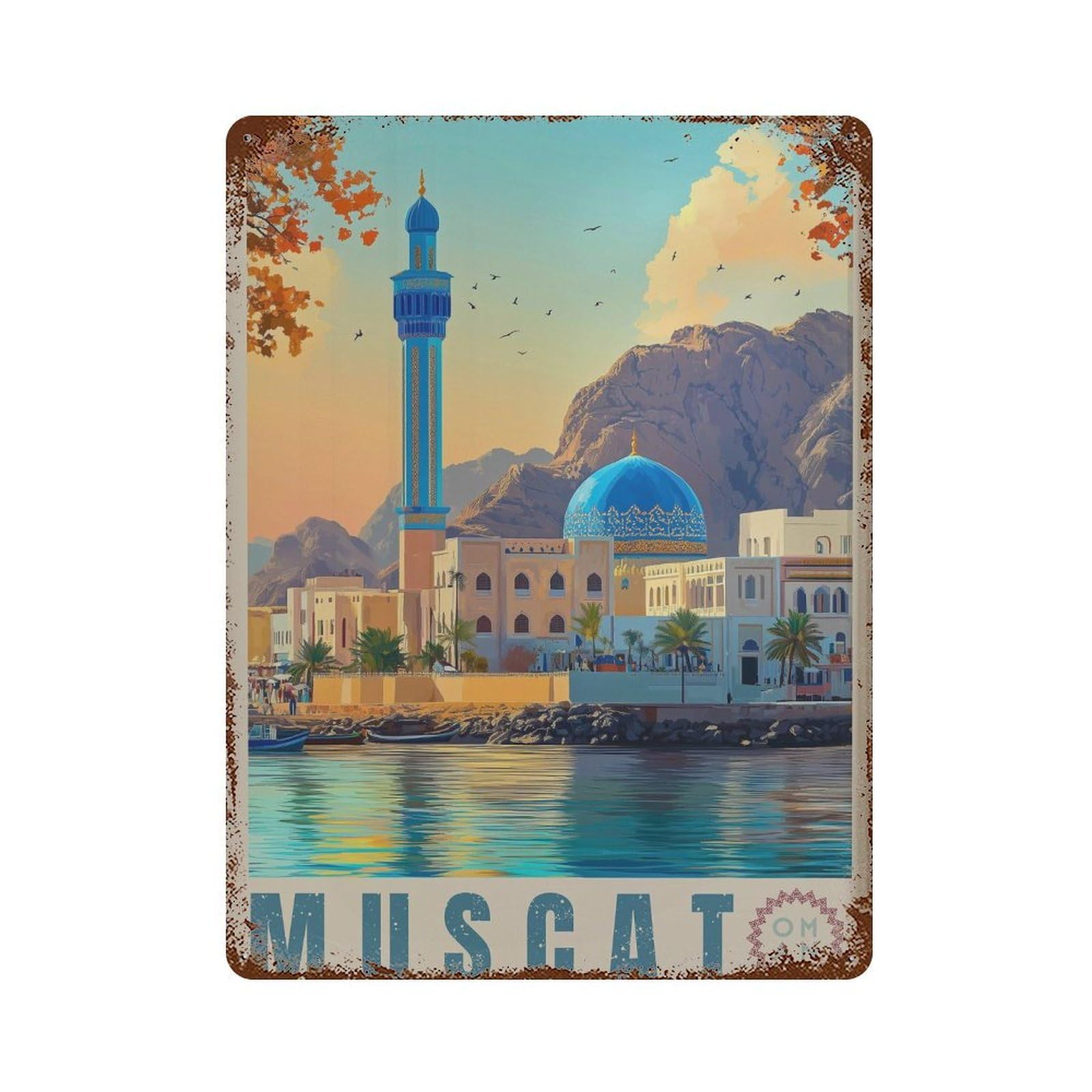 xiaoxiaoshen Muscat Travel Coastal City & Mosque Wall Decor Art Metal Tin Poster Modern Home Decor Art Home Bar Shop Decorations Vintage Sign 40x30cm