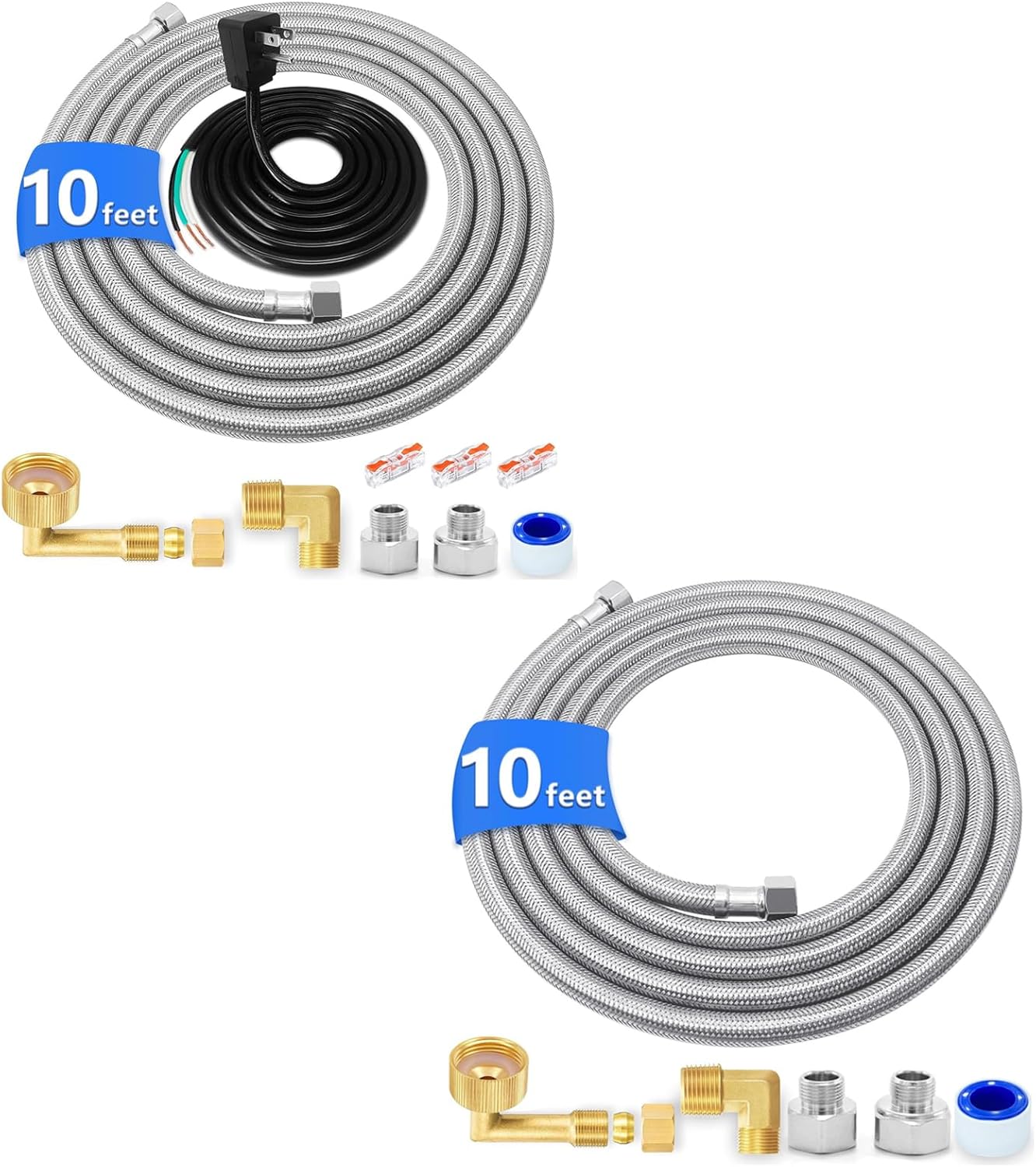 10 FT Stainless Steel Dishwasher Hose with 3/8" Compression Connections(2pcs),Food Grade PEX Inner Tube Dishwasher Water Supply Line with Elbows,Adapters(2pcs) and 6 FT Power Cord
