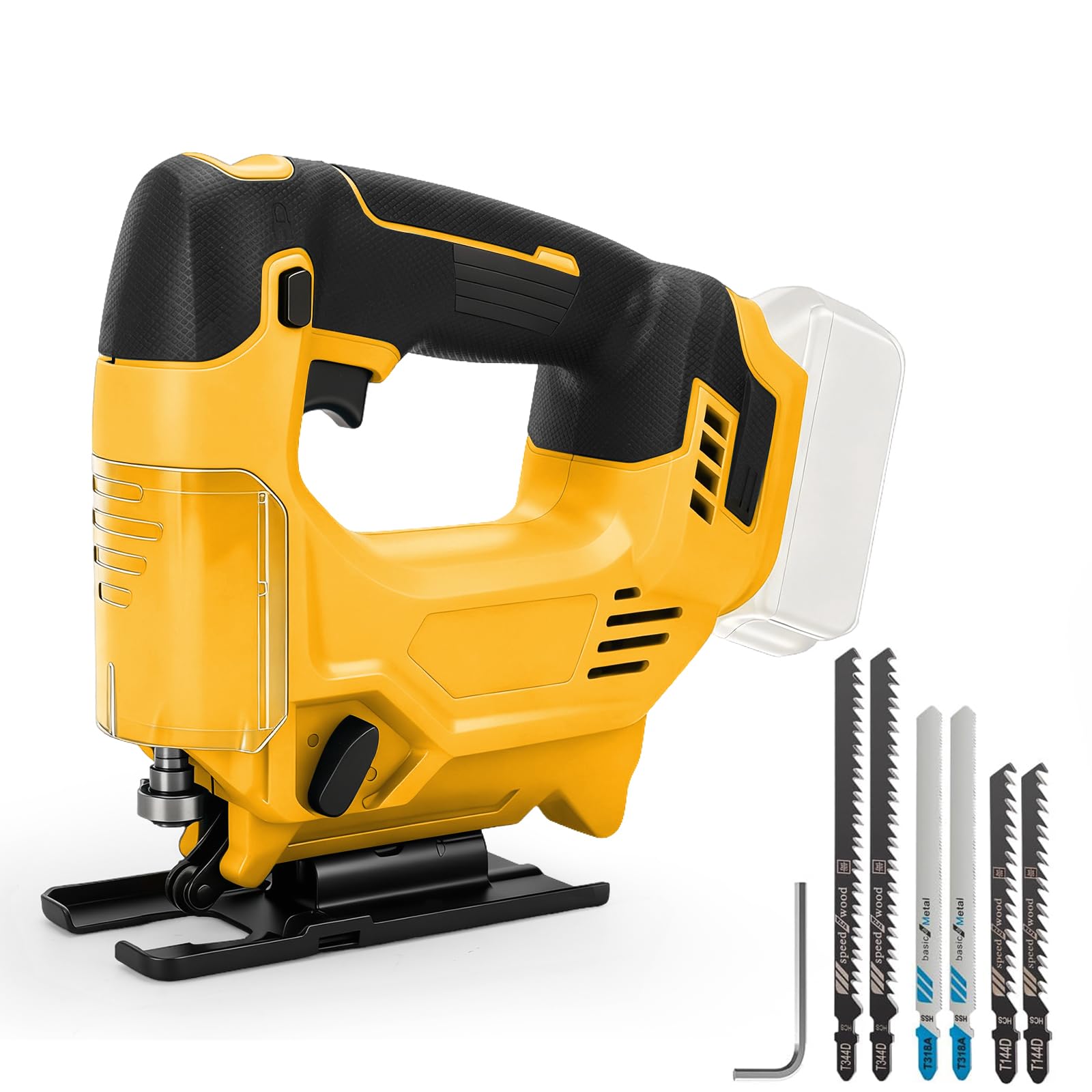 Cordless Jigsaw Compatible for Dewalt 20V Battery, 3500RPM Brushless Electric Jigsaw Cut Off Tool with 3 Orbital 0°-45° Bevel Adjust, 6 Piece Blades, for Wood Metal Cutting (No Battery)(Yellow-DW)