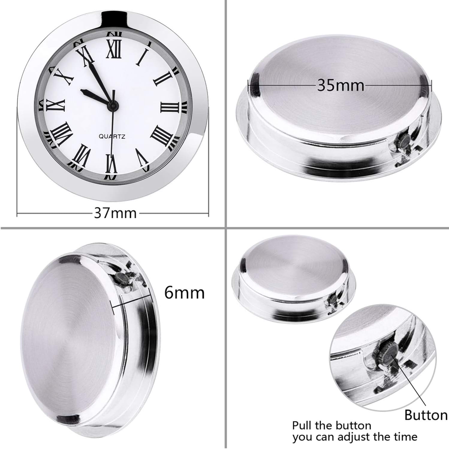 1-1/2 Inch (37 mm) Round Quartz Clock Insert with Roman Numerals Fit 35 mm Diameter Hole (Silver Bezel)