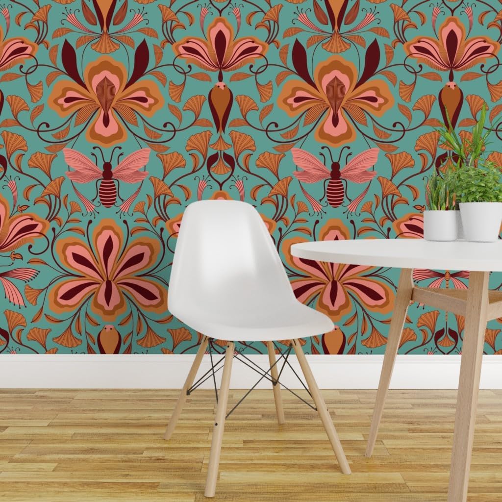 Removable Wallpaper 6ft x 2ft - Bees Dragonfly Floral Art Nouveau Dragonflies Flowers Birds Coral Aqua Bright Entomology Custom Pre-Pasted Wallpaper by Spoonflower