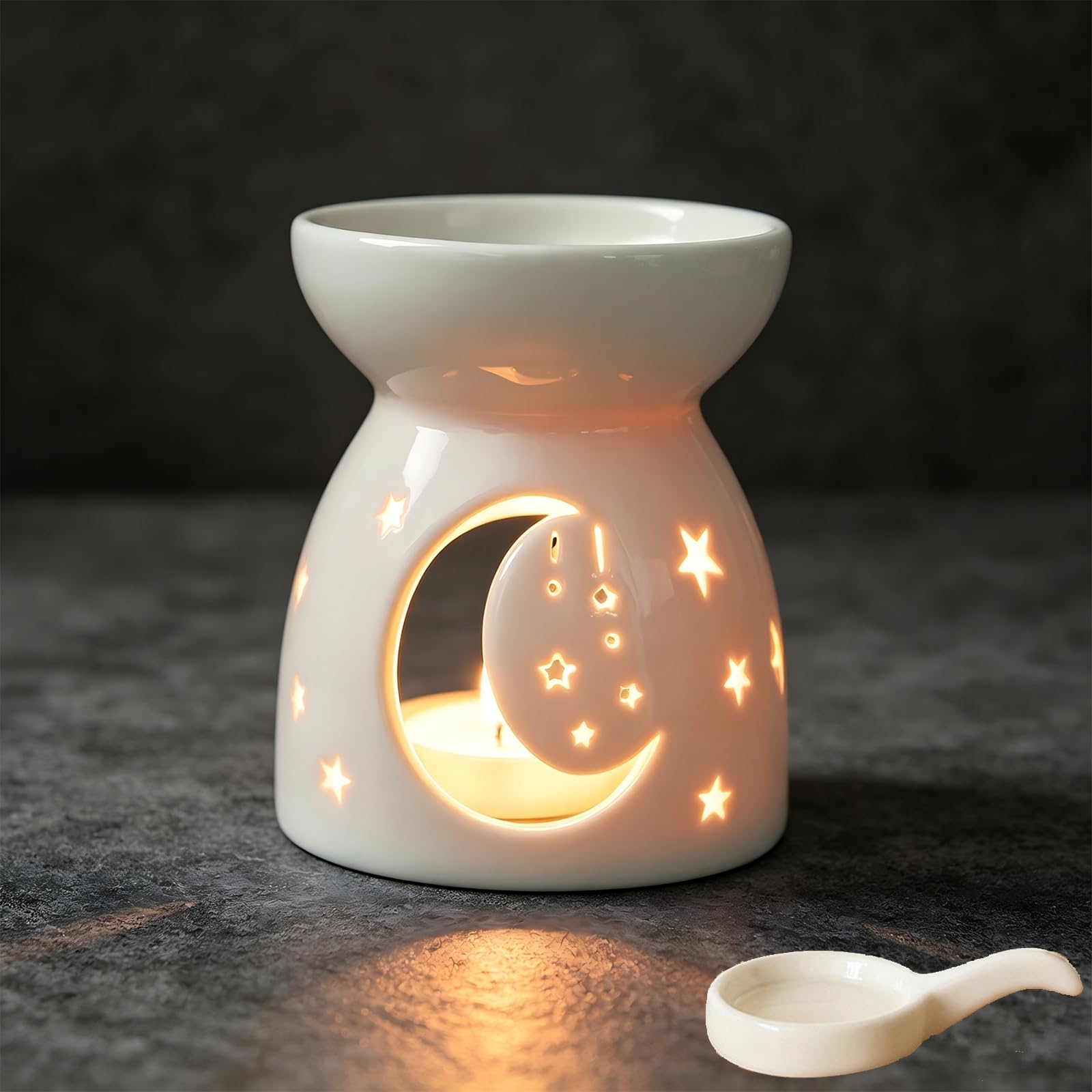 Oil Burner and Wax Melter - Ceramic Aromatherapy Diffuser with Star Moon Design, High Temperature Safe for Home Fragrance, Bedroom Decor and Relaxation (White)
