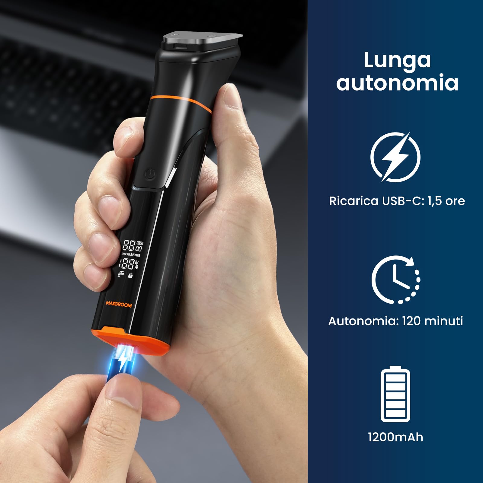 MAXGROOM Regolabarba Uomo 6 in 1, Rasoio Elettrico Barba con Due Velocità 6500/7000 giri/min, 120 Minuti Autonomia, Impermeabile IPX6 Rifinitore Barba con Testina Magnetica, Ricarica USB-C
