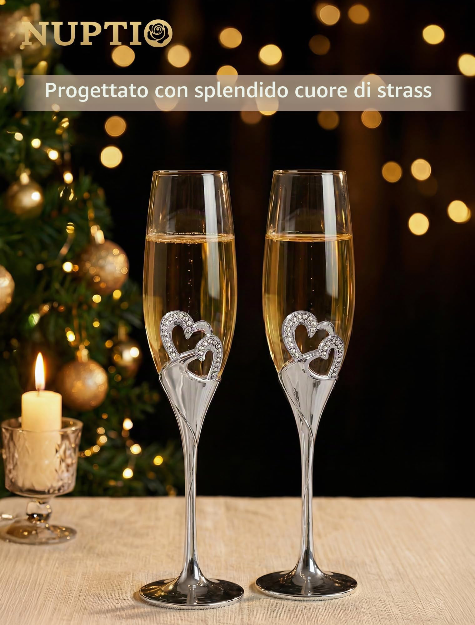 Nuptio Regalo Matrimonio Bicchieri Champagne: Set di 2 Calici Prosecco - 25 Anni Matrimonio Regali - Argento Flute Vetro