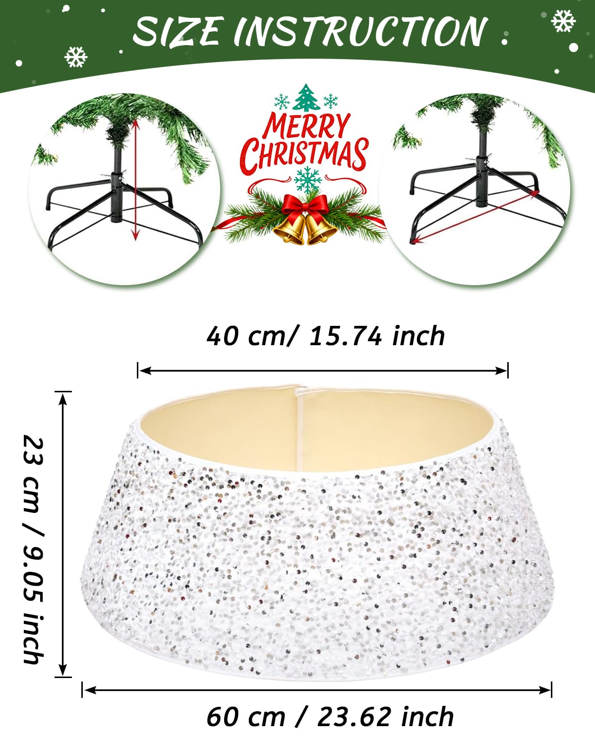 Odot Copri Base Albero Natale, Bianca Glitter Copri Albero di Natale Base, Christmat Tree Skirt Per Decorazioni Per Feste A Casa Vacanza(40 X 60 X 20 cm)