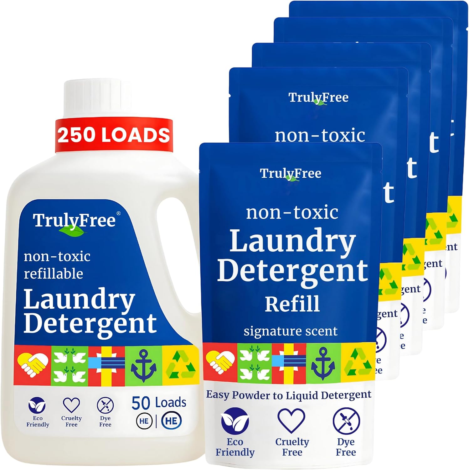 Natural Laundry Detergent for Sensitive Skin | Eco Friendly, Plant Based, Baby Clothes Safe | Clean & Easy Powder to Liquid, 5 Pack Detergent + 1 Refillable Jug | Signature Scent 250 Loads
