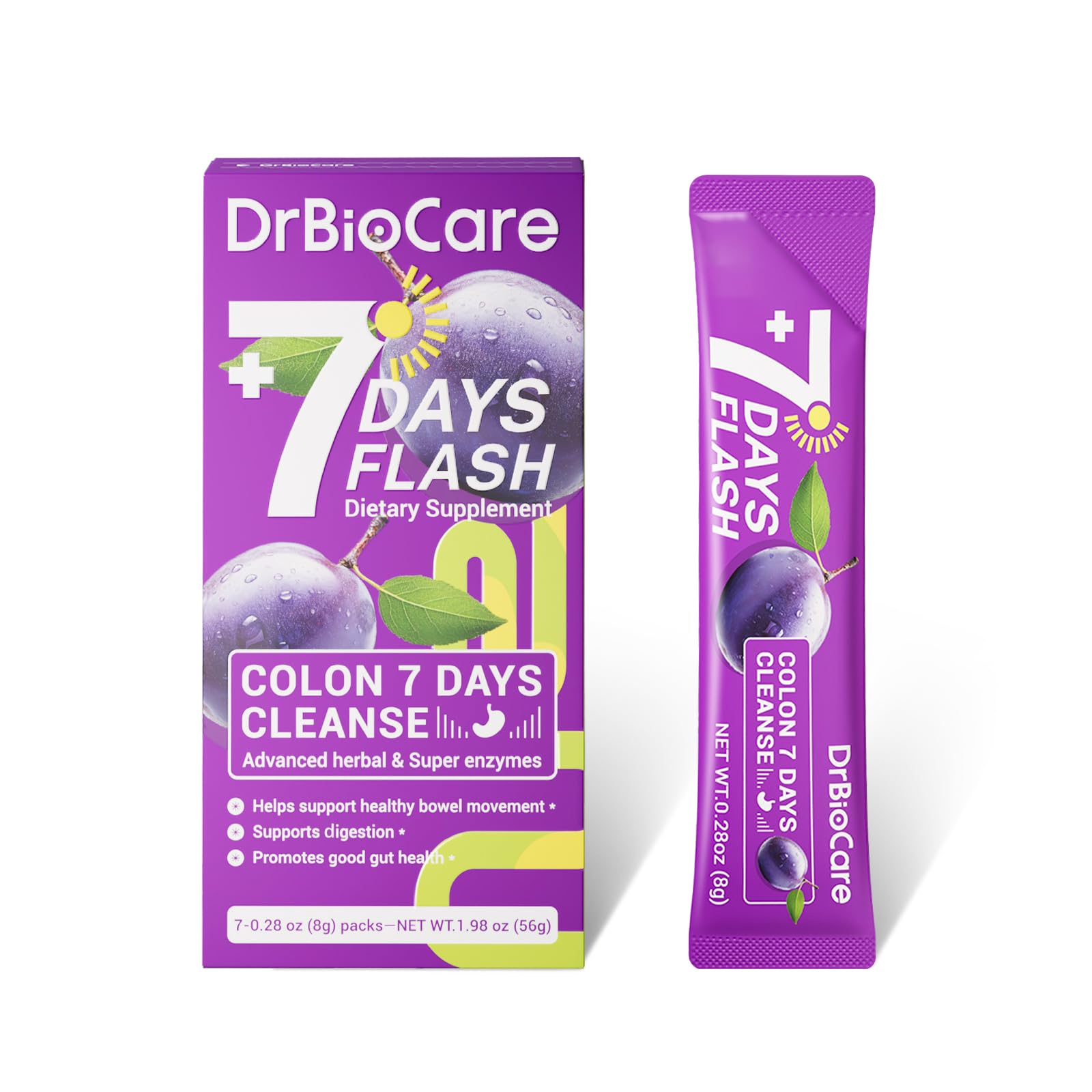 DrBioCare Suplemento de prebióticos em pó, sabor ameixa, 7 sachês, 56 g