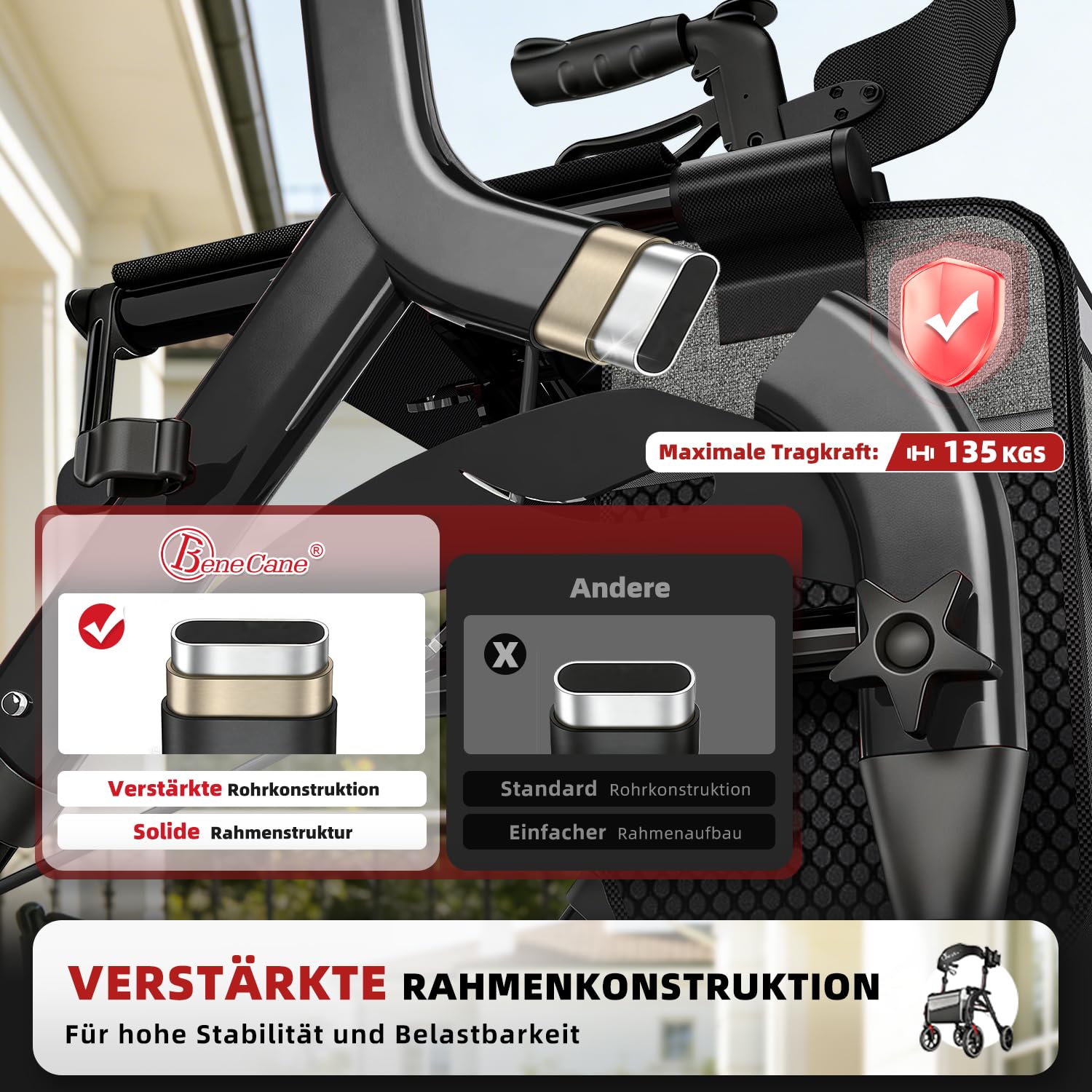 BeneCane Andador Plegable y Ligero Outdoor como Ayuda para Caminar y Levantarse, Andador de Viaje Regulable en Altura con Asiento, para Personas Mayores con Bolsa y Correa para la Espalda
