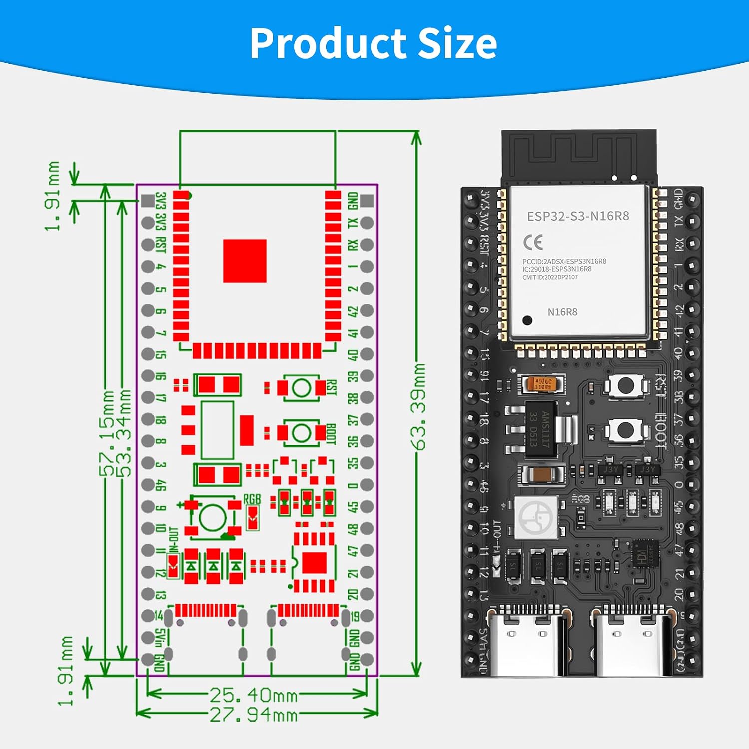 5PCS ESP32 ESP32-S3 Development Board ESP32-S3 Module Core Board ESP32-S3-DevKit N16R8 Development Board with Dual-Mode Wi-Fi and Bluetooth Type-C Interface Pin Headers Soldered