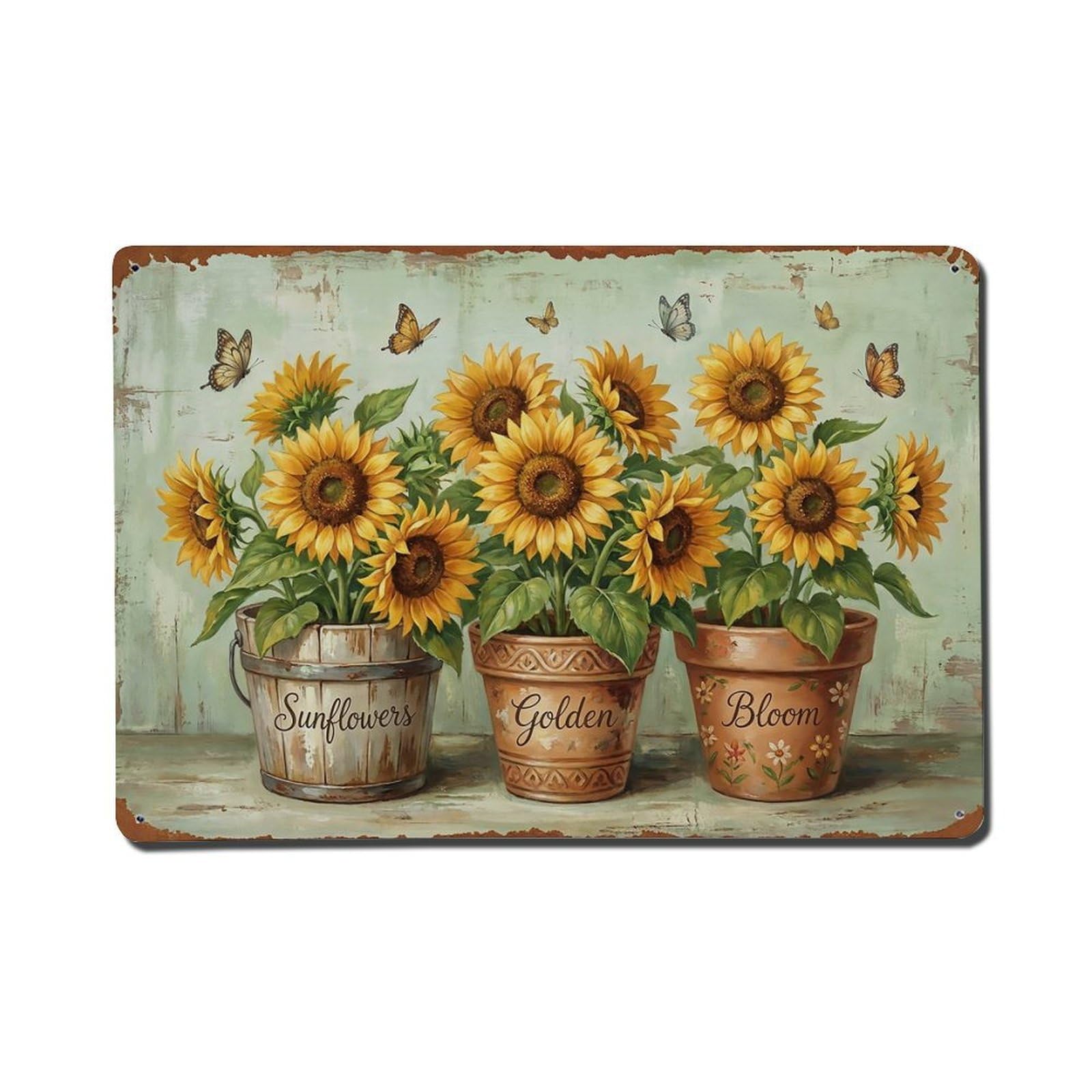 Vintage Rustic Flower Potted Plants Sunflower Metal Tin Sign
