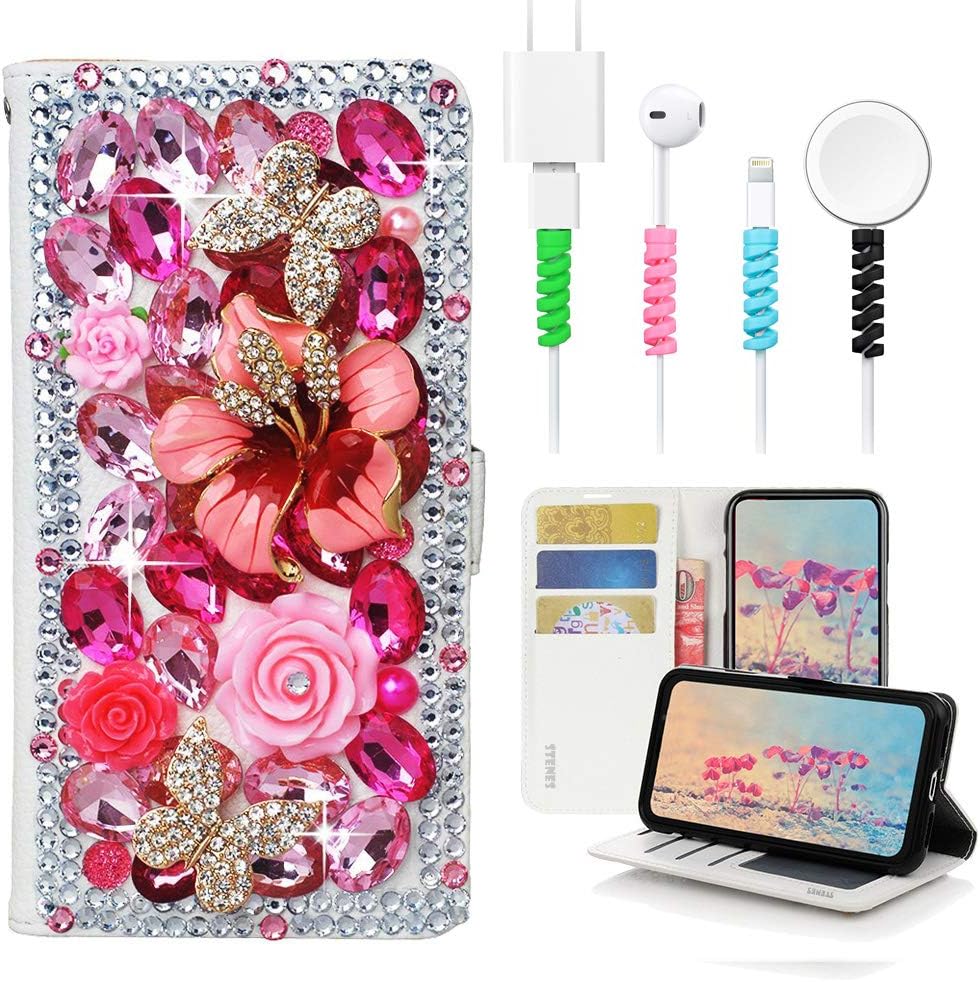 STENES Bling Wallet Phone Case Compatible with Google Pixel 5 Case - Stylish - 3D Handmade Flowers Floral Butterfly Leather Cover with Cable Protector [4 Pack] - Hot Pink