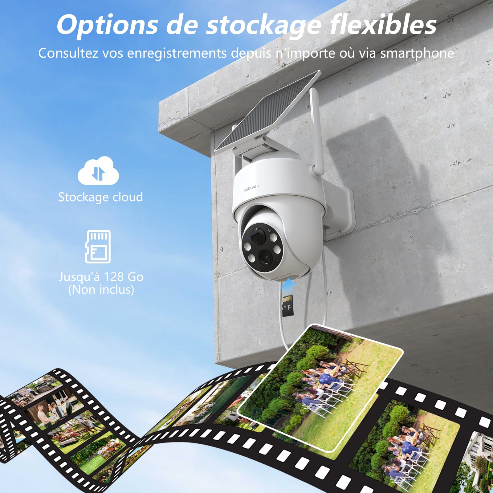 GALAYOU Camera Surveillance WiFi Exterieure sans Fil Batterie 2K Panneau Solaire 2,4GHz Alerte PIR Vision Nocturne Audio Bidirectionnel