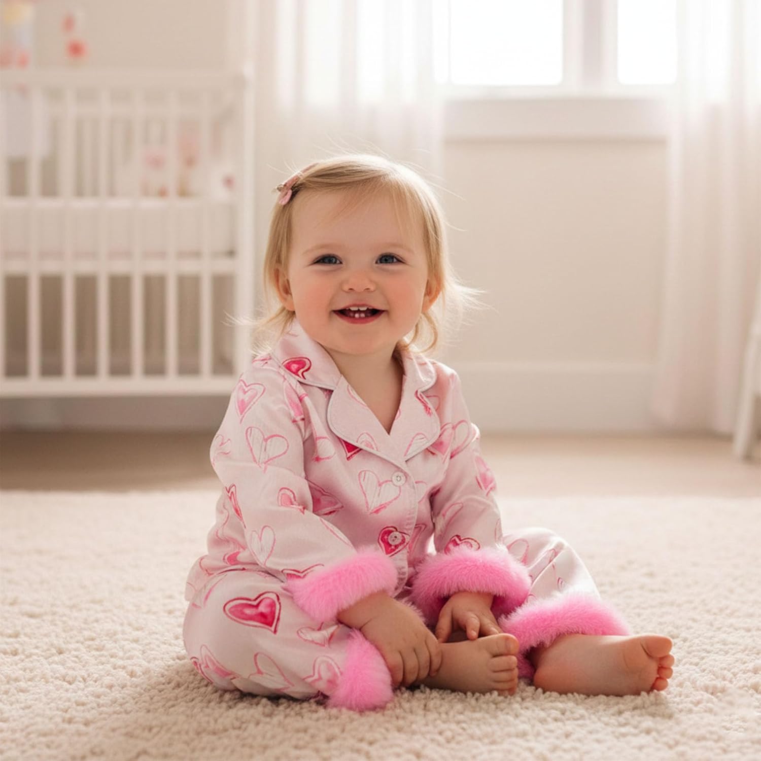 fyclemt Kids Toddler Girls Valentines Satin Pajamas Set Heart Bow Long Sleeve Button Down Shirts Pants Pjs Sleepwear Lounge