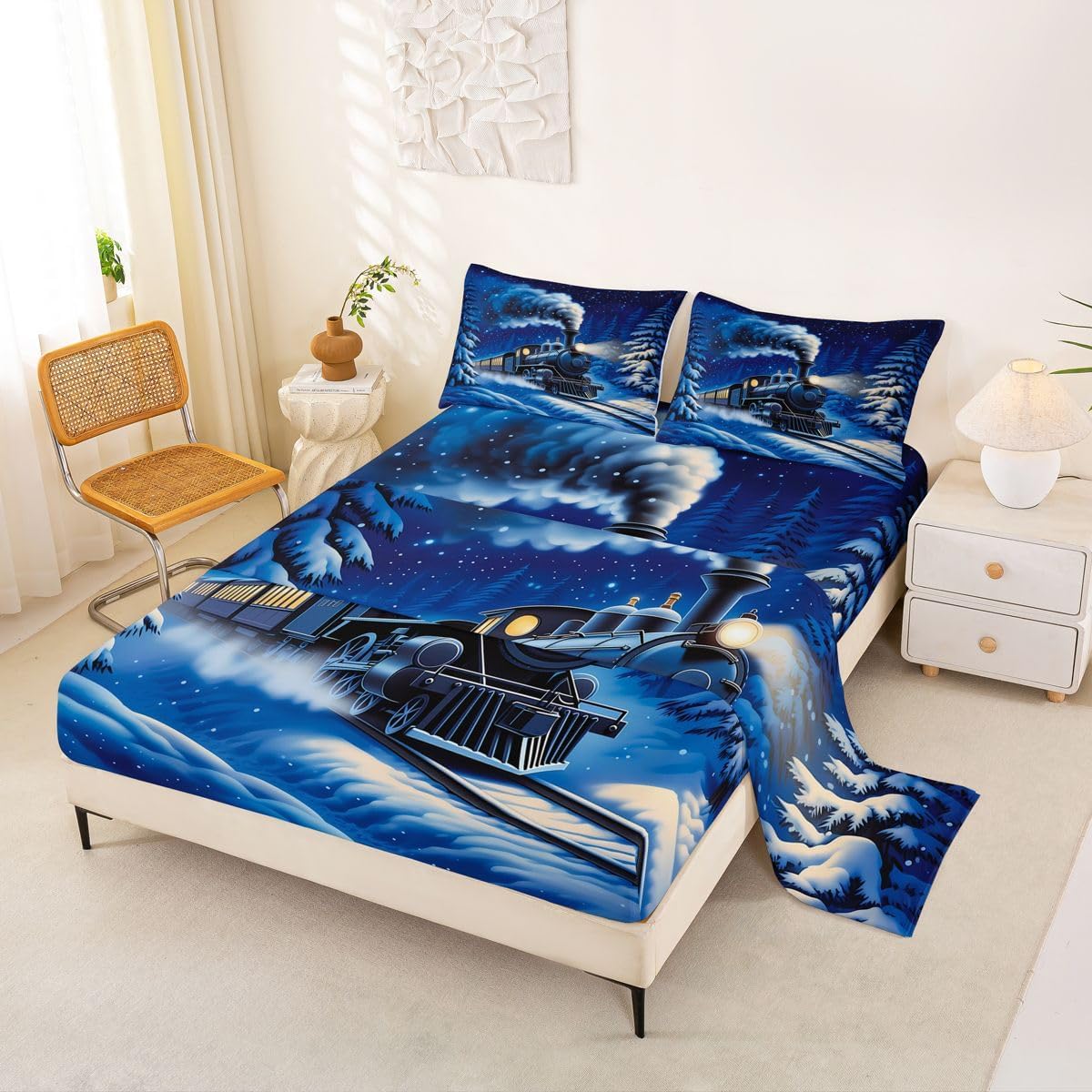 Feelyou Train Bed Sheets Set Full Size Vintage Steam Engine Bed Set Railway Car Vehicles Deep Pocket Fitted Sheet Navy Blue Travel Locomotive Train Breathable Soft Lightweight Microfiber