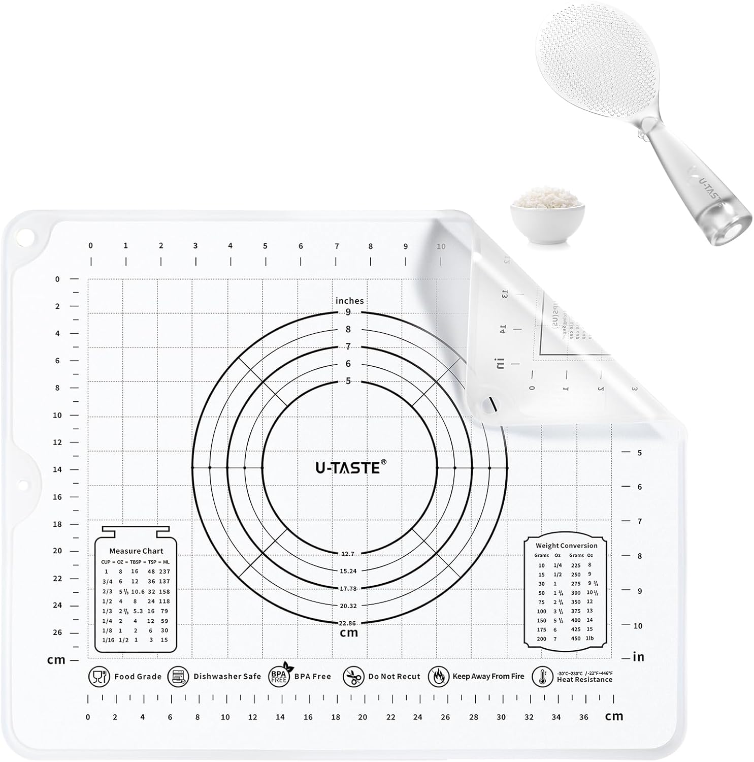 U-Taste 16"x20" Food-Grade Liquid Silicone Pastry Mat and 329°F Heat Resistant Rice Spoon Paddle Scooper (Transparent)