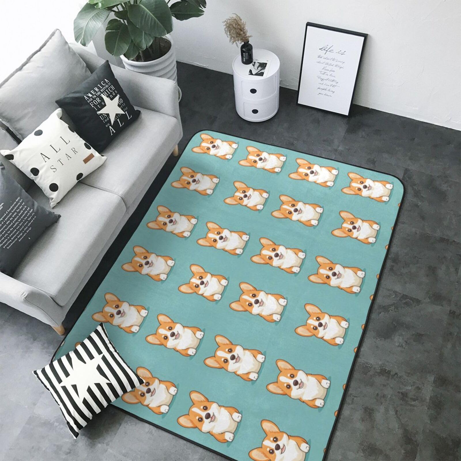 Grand tapis pour salon imprimé Corgi lavable et antidérapant 203x177 cm
