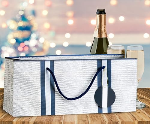 Miniatura 5 de Simply Charmed Bolsas de regalo de vino  Blanco con patrón de tejido de cesta y monedero de rayas azul marino estilo juego de 6