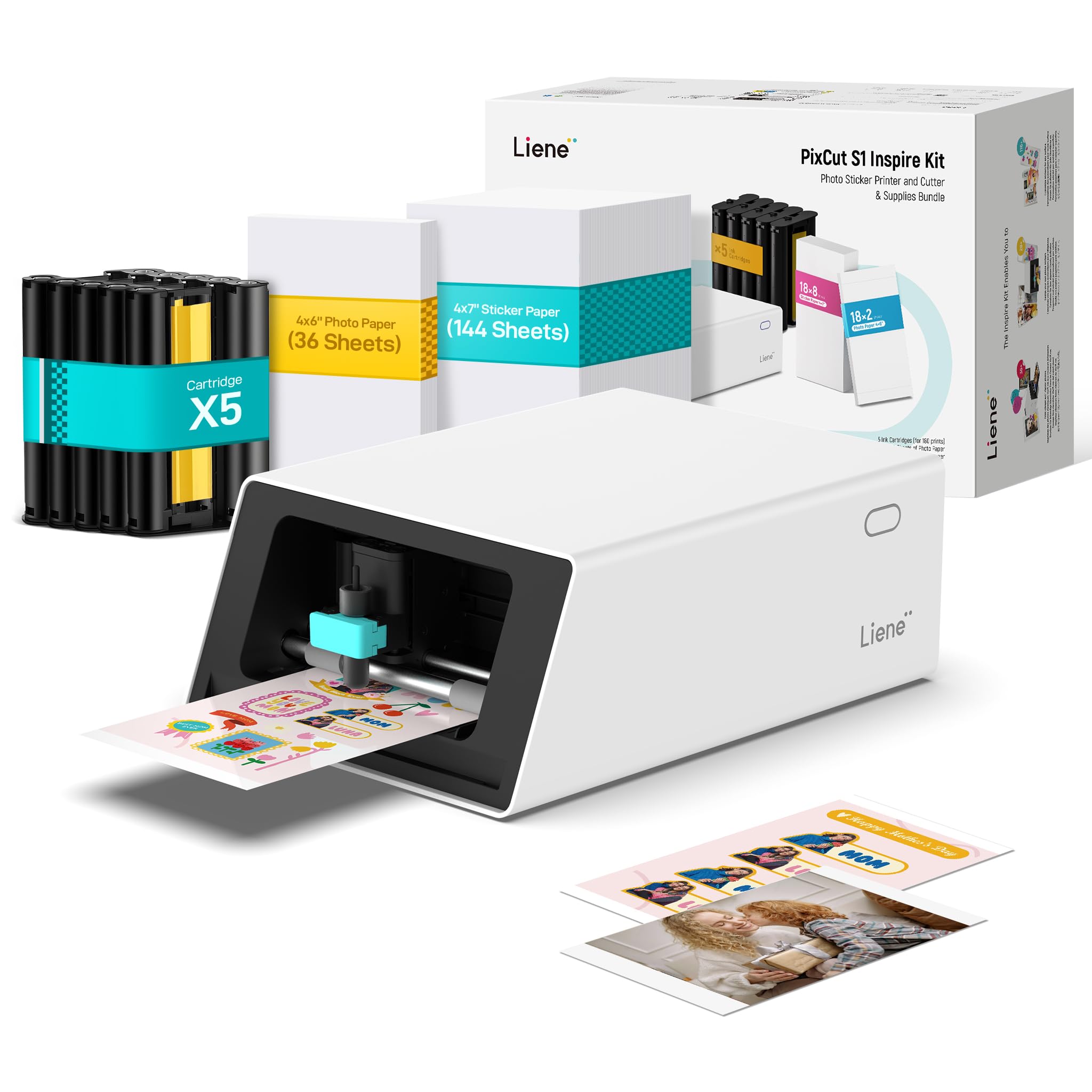 Photo 1 of Liene PixCut S1 Inspire Kit - All-in-One Color Sticker Printer & Cutting Machine, Thermal Dye-Sublimation Photo Printer, 300 DPI, Color Label Maker with 180 Sheets (36 Photo + 144 Sticker Paper)