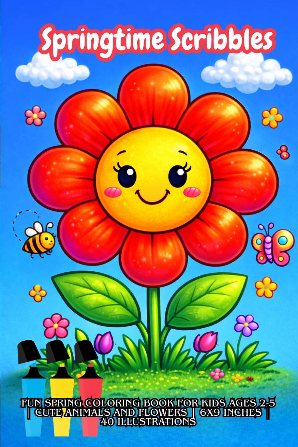 Springtime Scribbles: Fun Spring Coloring Book for Kids Ages 2-5 | Cute Animals and Flowers | 6x9 Inches | 40 Illustrations