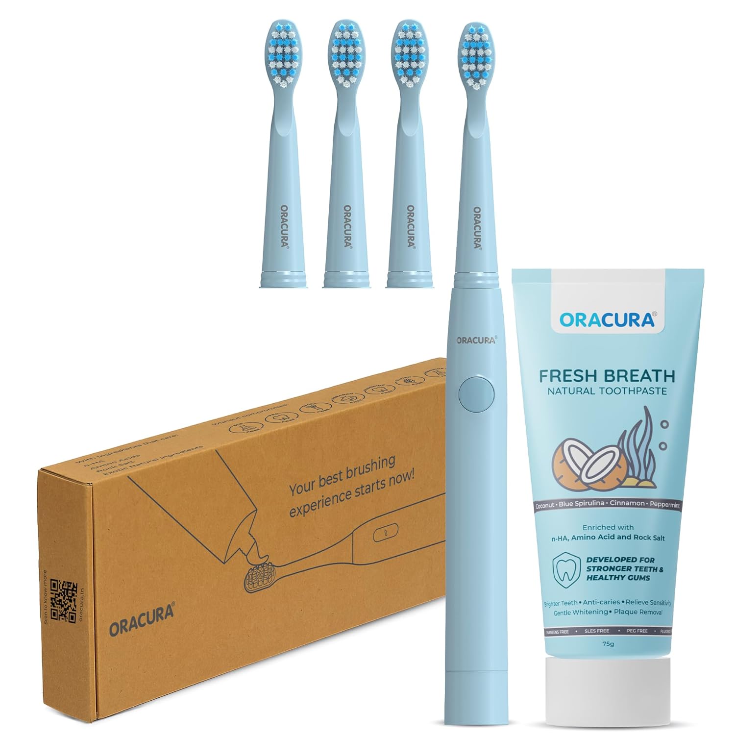 ORACURA® SB100 Blue Sonic Electric Toothbrush for Men & Women + Smart Sonic Electric Tooth Brush with 3 Brush Heads + Fresh Breath Natural Toothpaste (Coconut & Blue Spirulina)