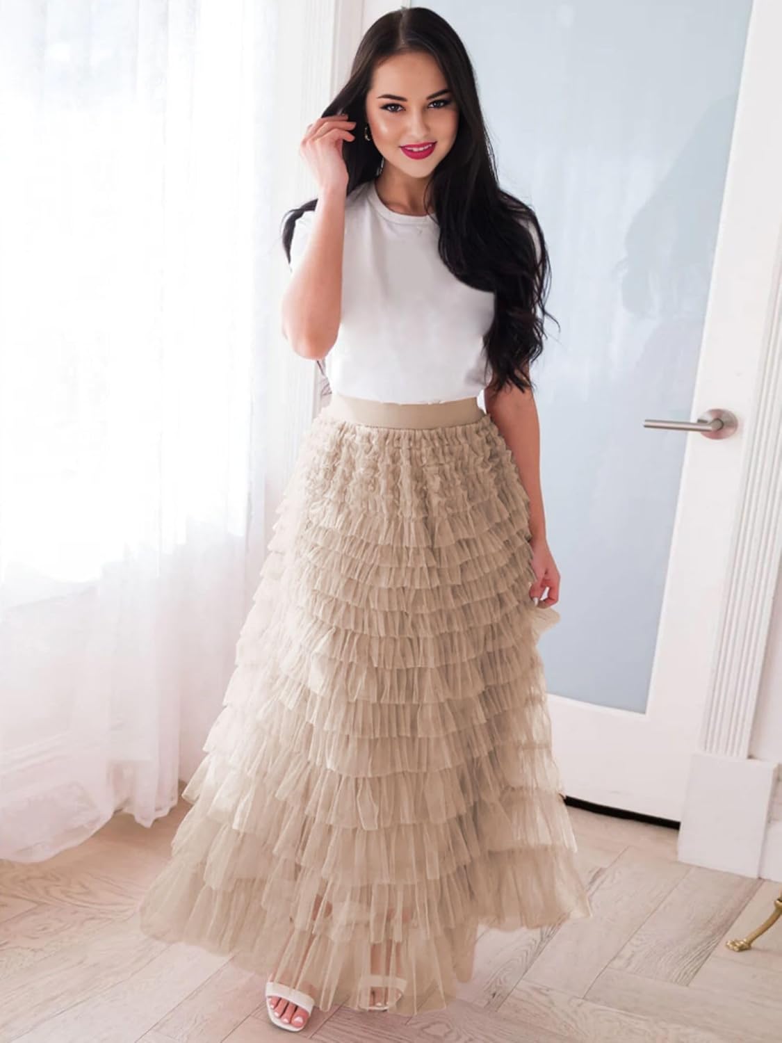 Women's Long Tulle Tutu Skirts Elastic High Waisted A Line Fluffy Fairy Mesh Layered Ruffle Cake Skirt Petticoat