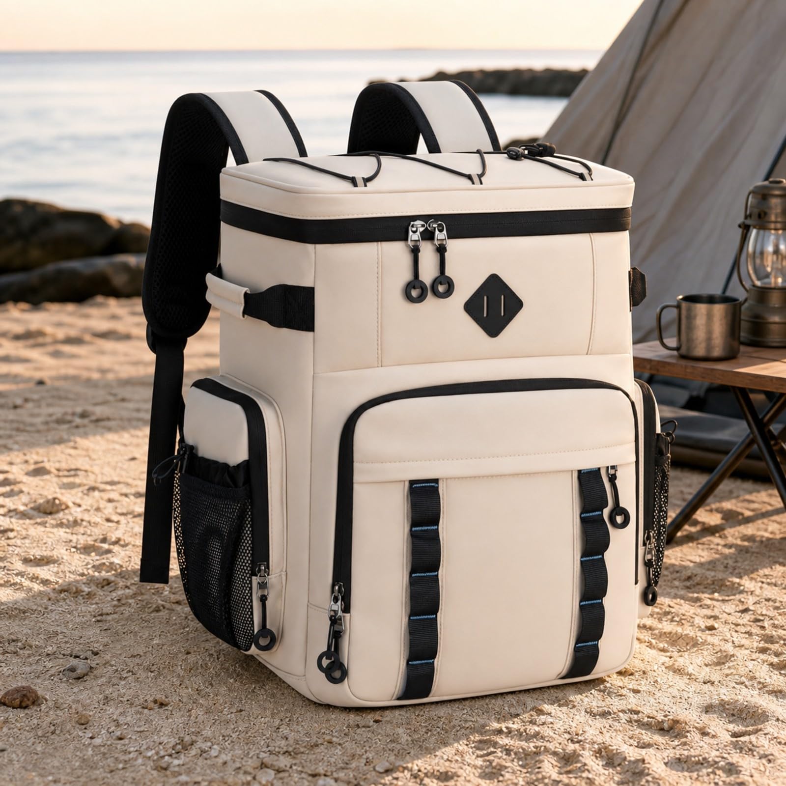 Ronyme Mochila Térmica con Forro Polietileno Impermeable Mochila Nevera con Múltiples Bolsillos Resisn Al Agua Bolsa Refrigeradora, Beige