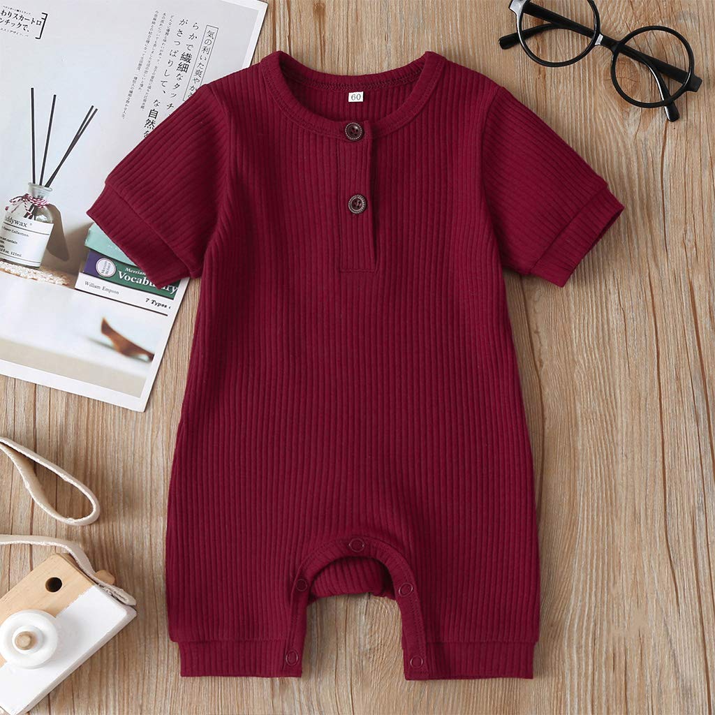 niceclould Newborn Baby Boy Girl Knitted Romper Jumpsuit Solid Short Sleeve Legging Bodysuit Playsuit Summer Clothes 0-18M (G-Burgundy, 0-3 Months)