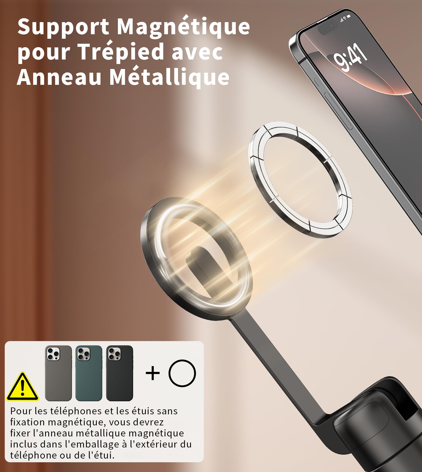 TONEOF 173cm Perche Selfie Magnétique Trépied,Fixations en Aluminium pour Magsafe, Rotatif à 360°,Trépied Voyage Rétractable avec Anneau Métallique&Télécommande-Noir Violet - 3