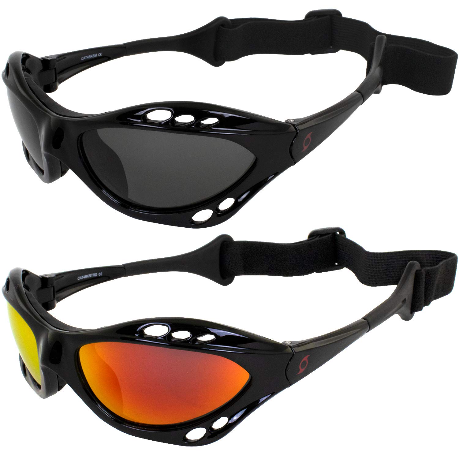 Hurricane Eyewear Category 4 Hurricane Polarized Jet Ski Goggles 2 Pairs Padded Frames Anti-Fog Smoke & Red Mirror ReflecTech Lenses
