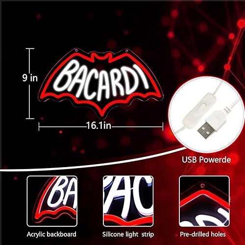 Miniatura 60 de Bacardi Ron - Letrero comercial de neón para decoración de pared de bar, alimentado por USB, letrero decorativo abierto para el hogar, bar, tienda