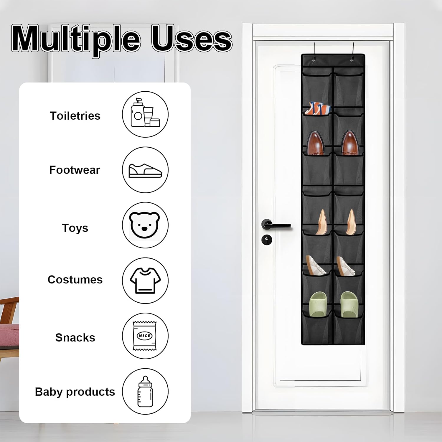 VEGCOO Hanging Shoe Storage, Over the Door Shoe Storage Organiser, Door Shoe Rack 14 Large Mesh Pockets 2 Hooks with Drawstring Bag, Hanging Shoe Organiser for Bedroom Bathroom Closet Holder