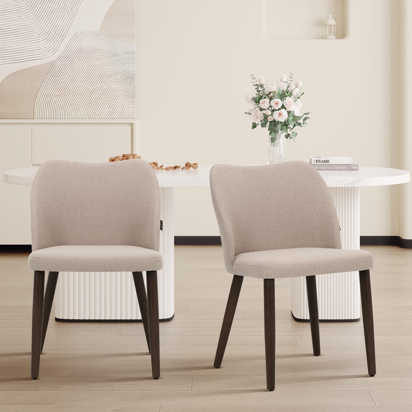 wooden dining chairs set of 2, upholstered kitchen dining room chair, modern fabric farmhouse dinner chair for restaurant & cafe, camel