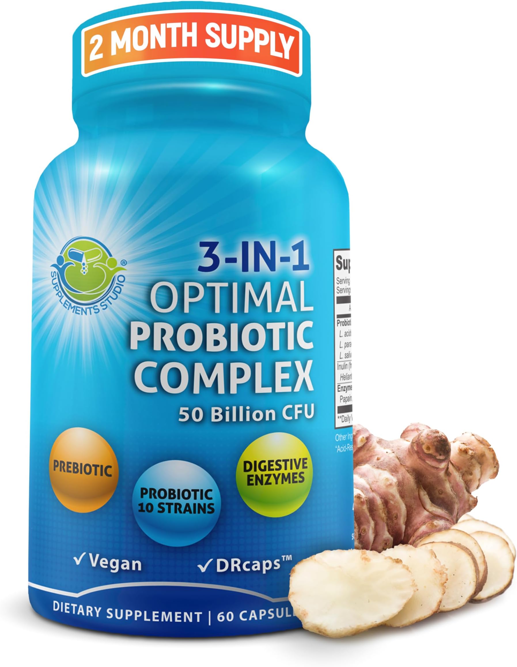 Probiotics with Digestive Enzymes and Prebiotic for Women and Men - 3-in-1 Vegan Probiotic Prebiotic Multi Enzyme Complex for Gut Health - Maximum Absorption Delayed-Release Capsules