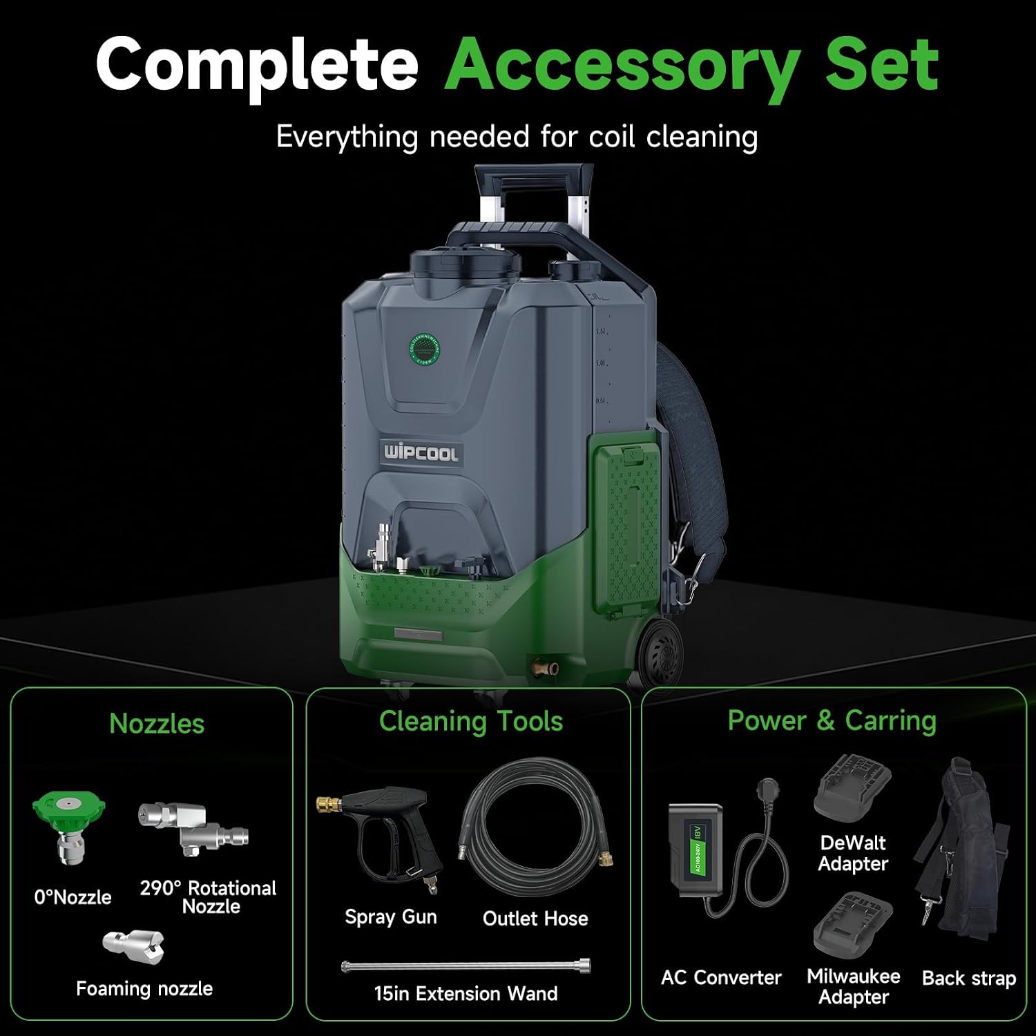 WIPCOOL C10BW Portable HVAC Coil Cleaner, Dual Power 18V DC & 100-240V AC, 4.75 gal Water + 0.5 gal Solution Tank, 1.1 GPM, 73/145 PSI Dual Pressure, AC Converter & Battery Adapters Included