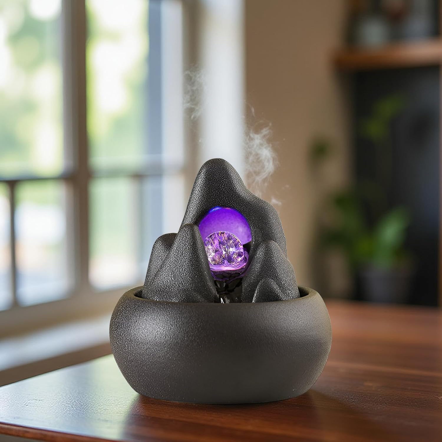 Indoor Tabletop Fountain with RGB LED Lights, Creative Design, Fixed Bubble Ball & 10 Free Natural Crystals – Zen Water Feature for Home, Office Decor, Housewarming Gift(Mountain and Water)