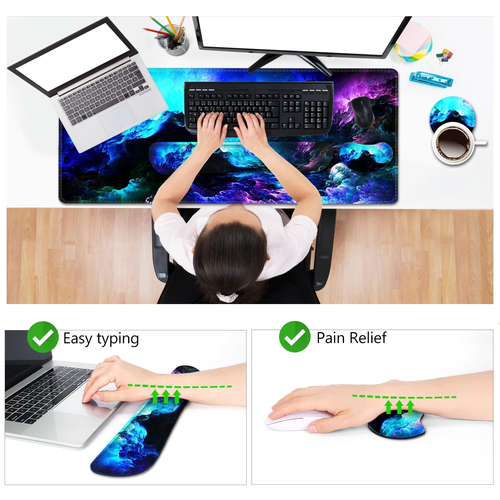 AIMSA Tapis de souris avec repose-poignet pour clavier, tapis de bureau étendu + tapis de souris ergonomique avec repose-poignet, support de poignet pour clavier + sous-verre, grand tapis de souris