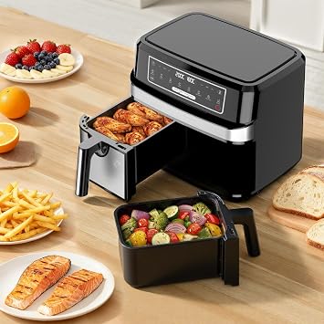 Hot Air Fryer 2 Chambers 9L Dual Zone Airfryer with 2 x 4.5 L Drawers 2600 W Hot Air Fryer 8-in-1 Touchscreen Smart Finish Function Air Fryer Double Chamber Independent Control Temperature Time