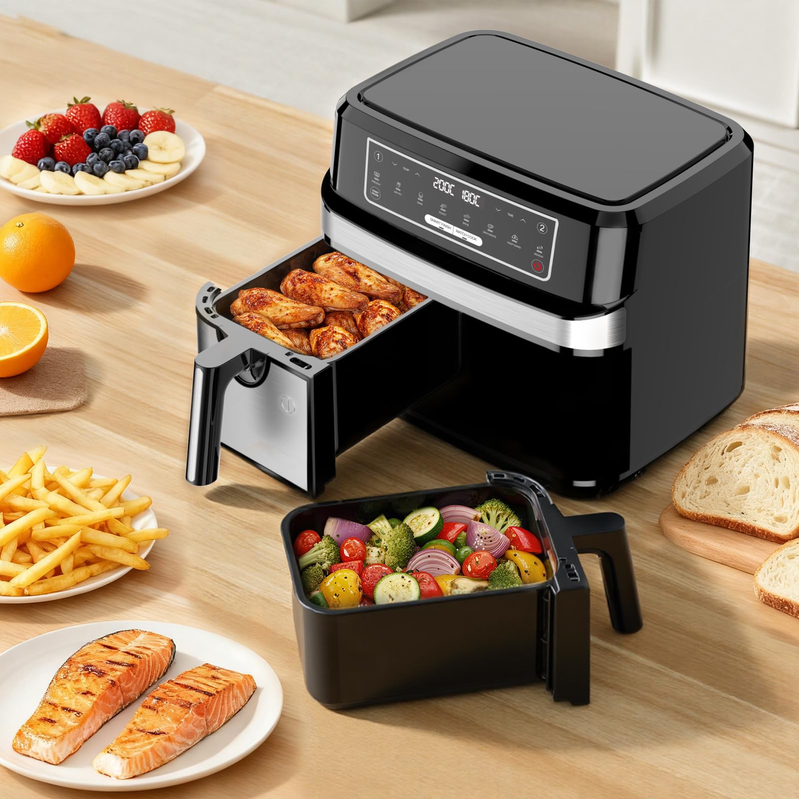 Air Fryer Double Compartiment 9L | Friteuse Sans Huile a 2x4,5L Tiroir, 2600W Friteuse à Air Chaud 8 en 1 Écran Tactile Smart Finish Fonction, Airfryer Deux Zones Contrôle Individuel Température Temps