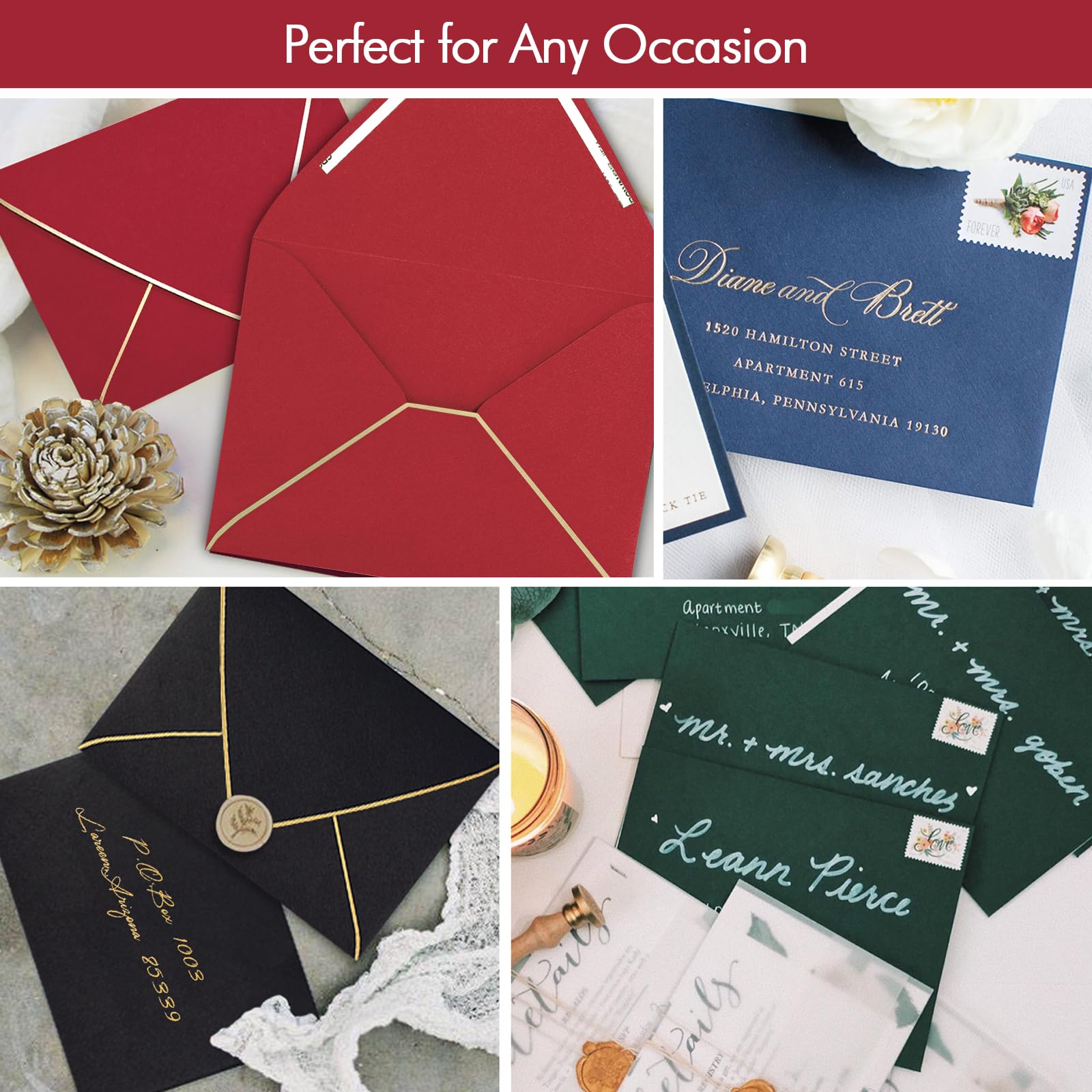 Sobres rojos A7 de 5 x 7 pulgadas con borde dorado, paquete de 50, para tarjetas de 5 x 7 pulgadas, autosellado rápido, perfectos para bodas, invitaciones, fotos, graduación, baby shower, papel grueso