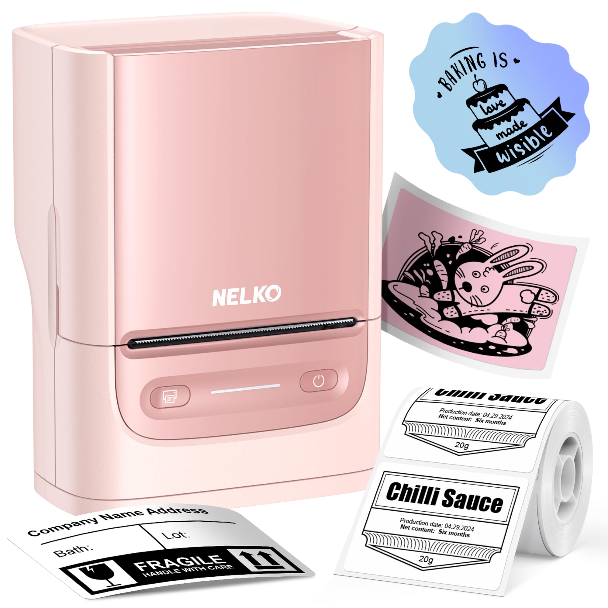 NelkoPM220 Bluetooth Label Printer, 2 Inch Portable Thermal Label Maker Machine with Tape, Pink