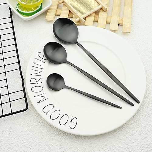 Miniatura 8 de BRIIEC - Juego de cubiertos negros mate acabado satinado 36 piezas de acero inoxidable con mango plano utensilios de cocina servicio para 6 incluye
