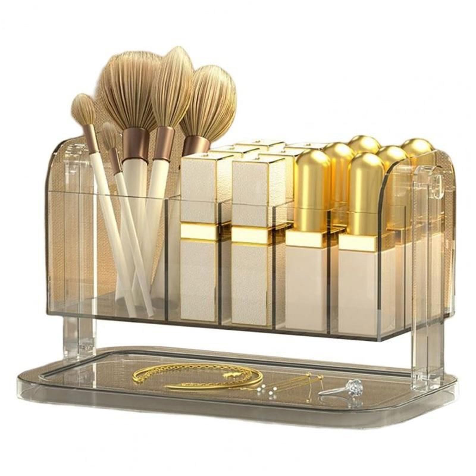 Tsophreniq Desktop Cosmetic Storage Box Makeup Brush Organizer Jewelry Lipstick Compartment Container for Bathroom Shelf Countertop Brush Storage Box with Lid