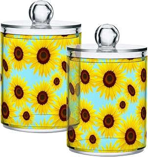 Sunflowers with Brown Center 14oz Storage Jars with Lids, Clear Plastic Airtight Kitchen Food Canisters for Candy, Salt, Coffee Beans, 2 Pack