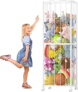 Fixwal Stuffed Animal Storage Zoo Metal Tube Extra Large Plushies Storage Stuffed Animals Holder Kids Toy Organizers and Storage with Elastic Band and Net for Playroom Bedroom White 61 x 17 x 12.6