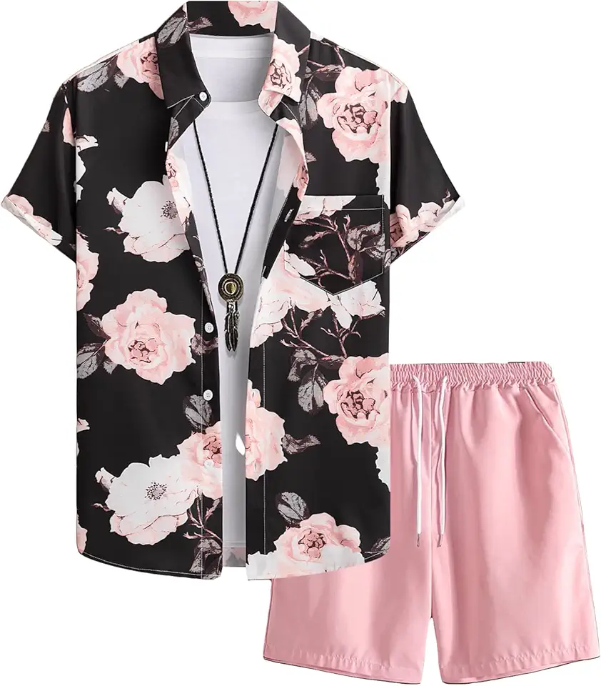 GORGLITTER Men's 2 Piece Vacation Beach Outfits Floral Button Down Shirt and Shorts Cruise Attire Sets