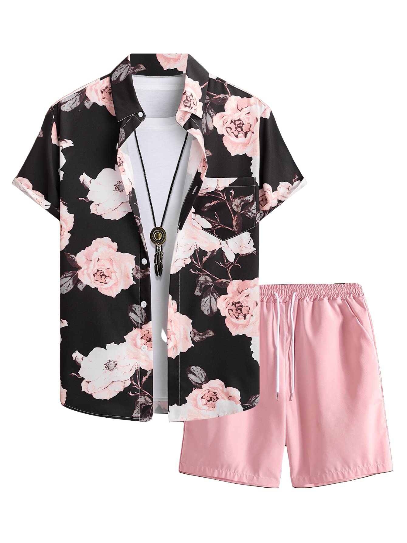 GORGLITTER Men's Beach Cruise Vacation Outfits Floral Shirt and Shorts Sets