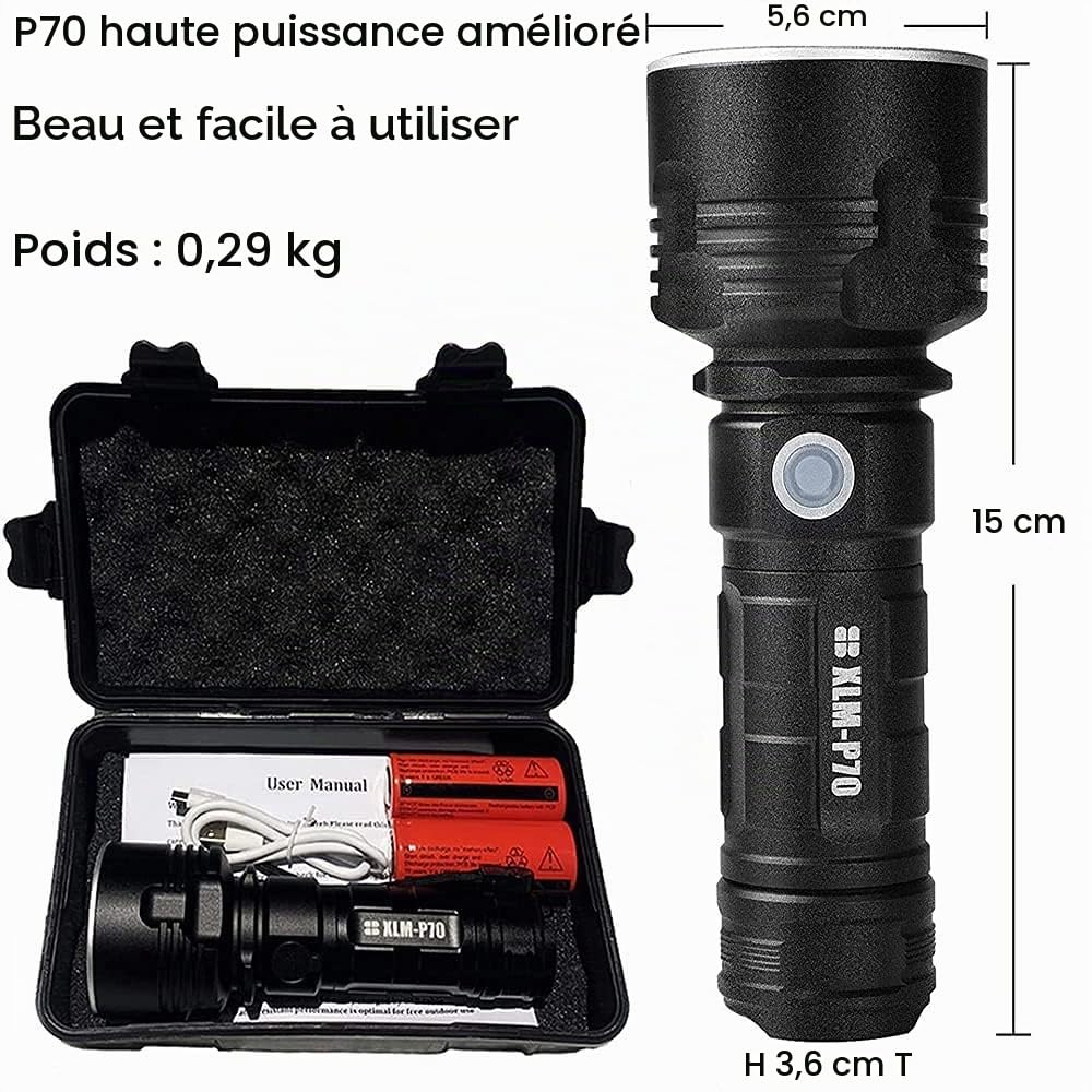 XLM-P70 Lampe Torche LED,30000-100000 Lumens Lampe de Poche Militaire Tactique Ultra Puissante Étanche Torche,Lampe Torche Rechargeable USB (50W-XLM-70, Double batterie), (P70/L2)