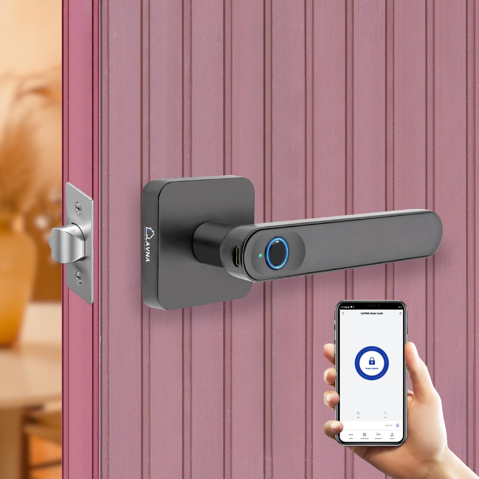 LAVNA Smart Door Lock | 3 Way Unlock | Fingerprint, Mobile app, Key Access Suitable for 28 mm to 55mm Wooden Door fit with Right N Left Door Handle (Digital) (LA15)