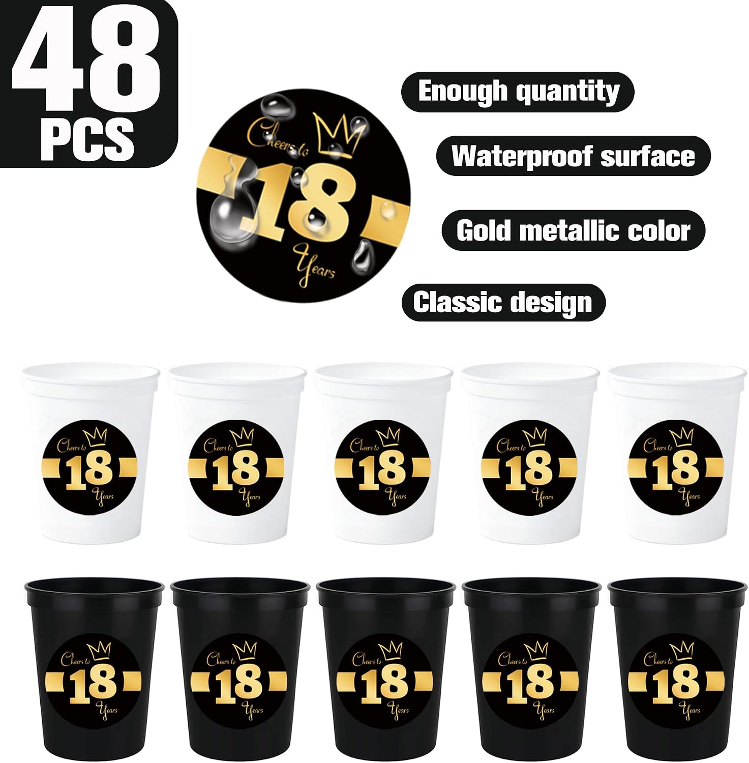 Sumerk 48 PCS Black and Gold 18th Birthday Stickers 2 Inches Round Waterproof 18th Stickers for Bottles Cups Birthday Card Seal Party Favor Bags Seal image 2